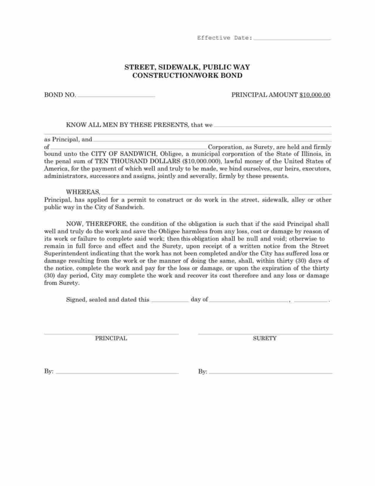 Illinois Street, Sidewalk, Public Way Construction/Work Bond Form