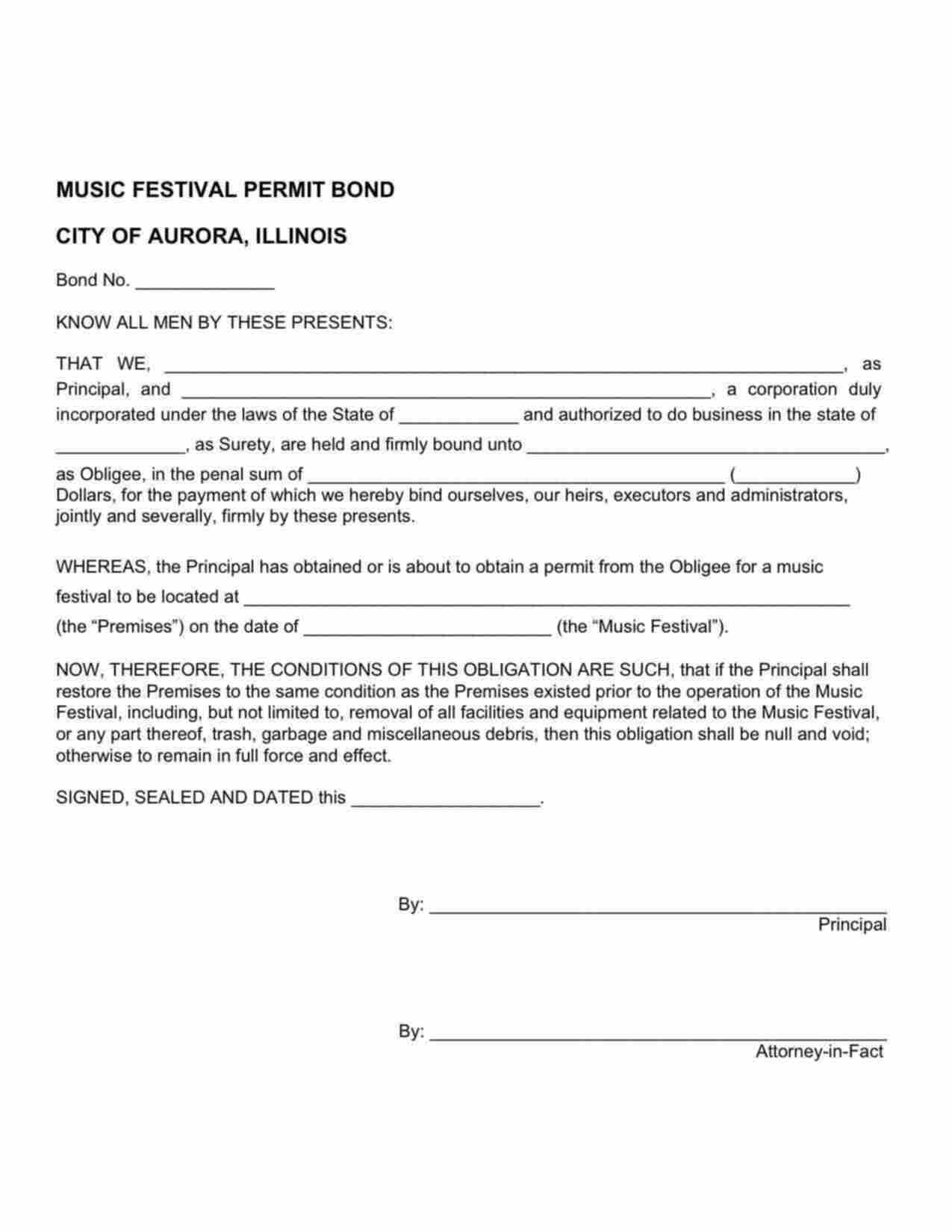 Illinois Music Festival Permit Bond Form