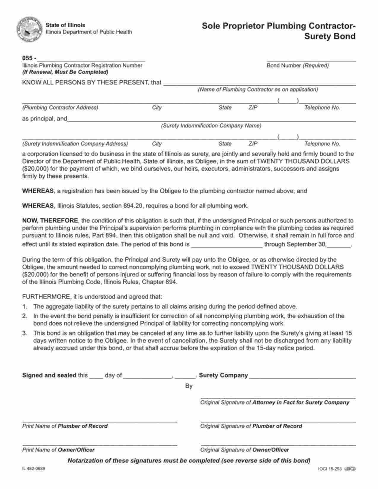 Illinois Plumbing Contractor - Sole Proprietor Bond Form