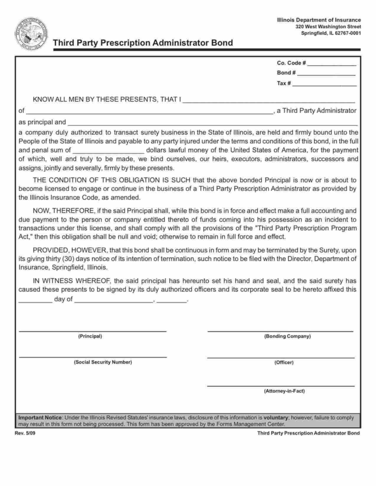 Illinois Third Party Prescription Administrator Bond Form