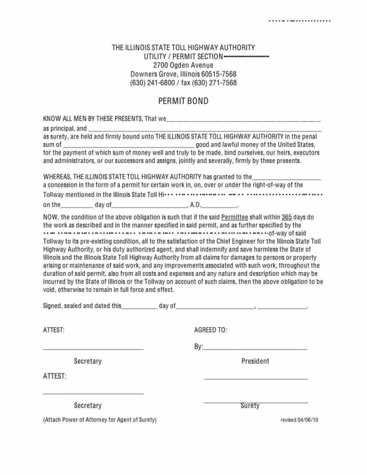 Illinois Right of Way Permit Bond Form