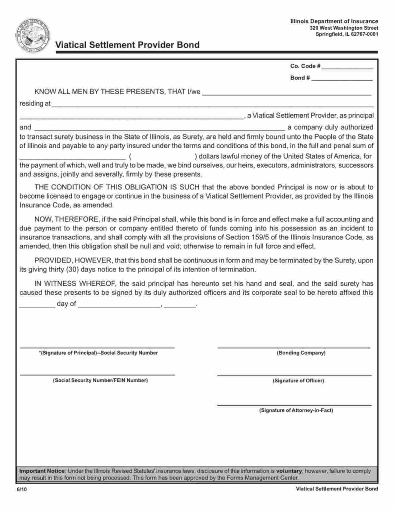 Illinois Viatical Settlement Provider Bond Form