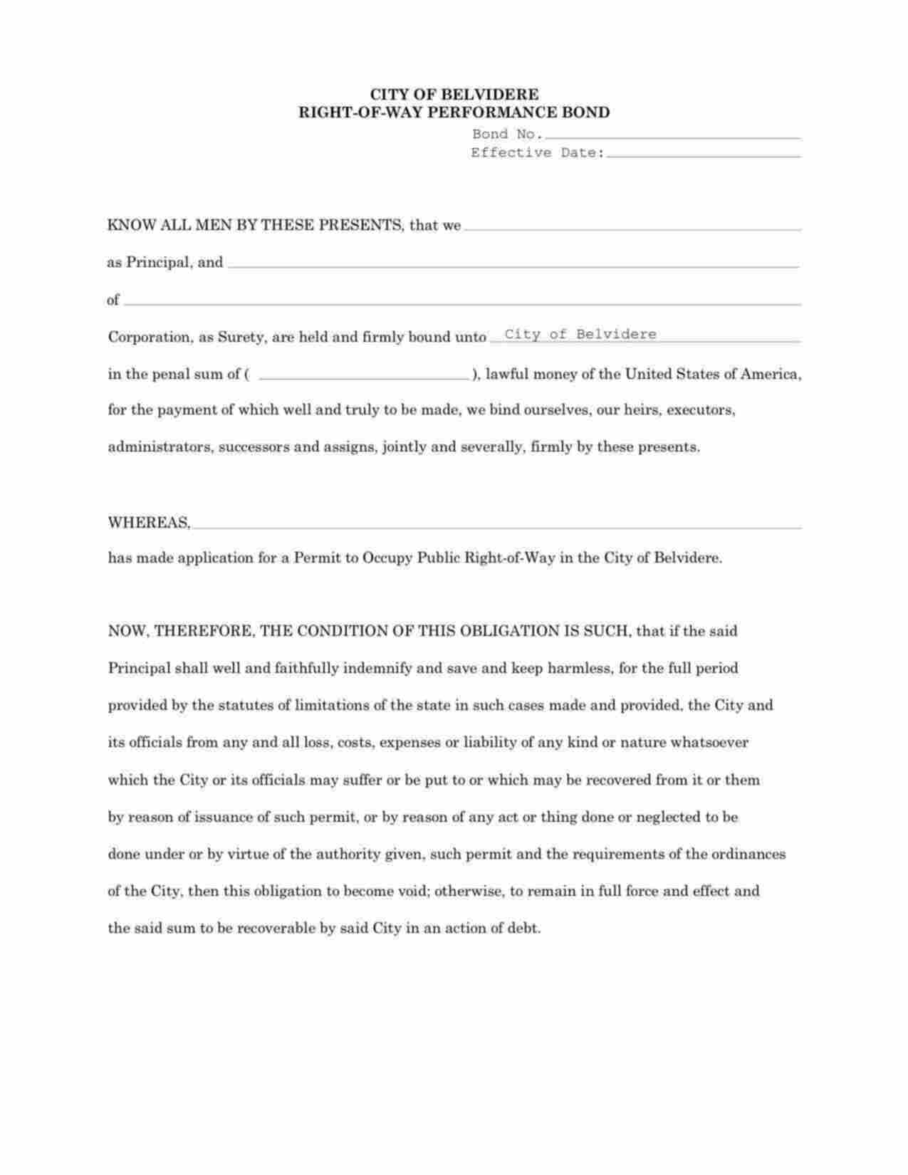 Illinois Right-of-Way Performance Bond Form