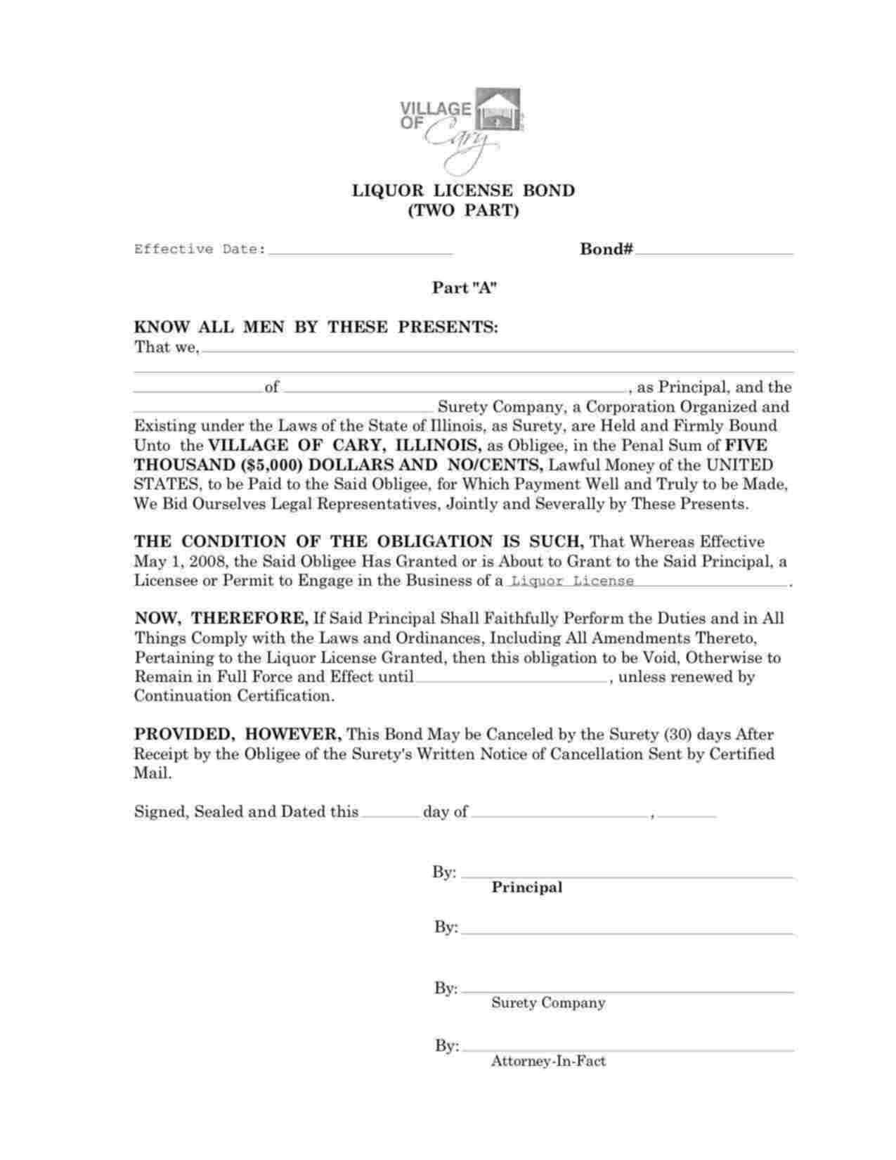 Illinois Liquor License (Two Part) Bond Form