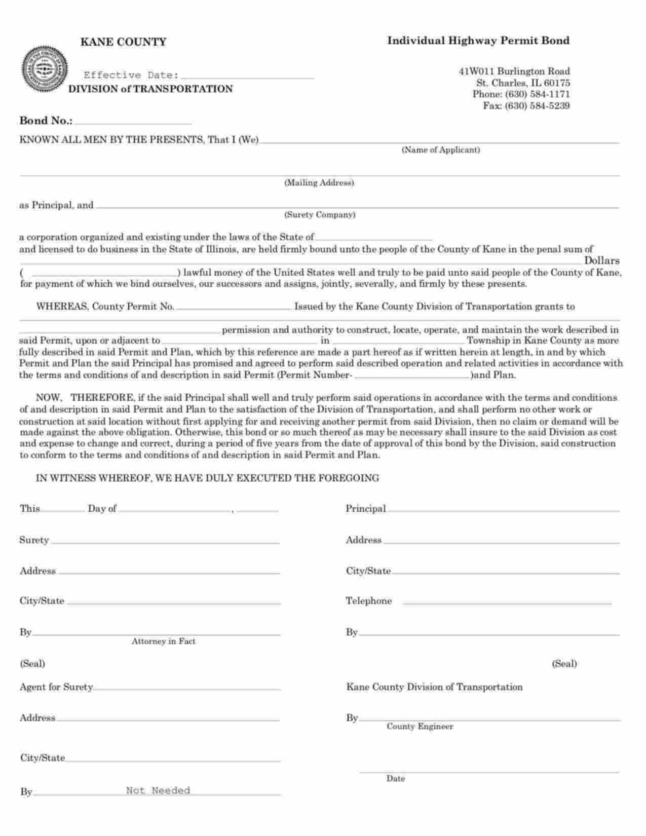 Illinois Individual Highway Permit Bond Form