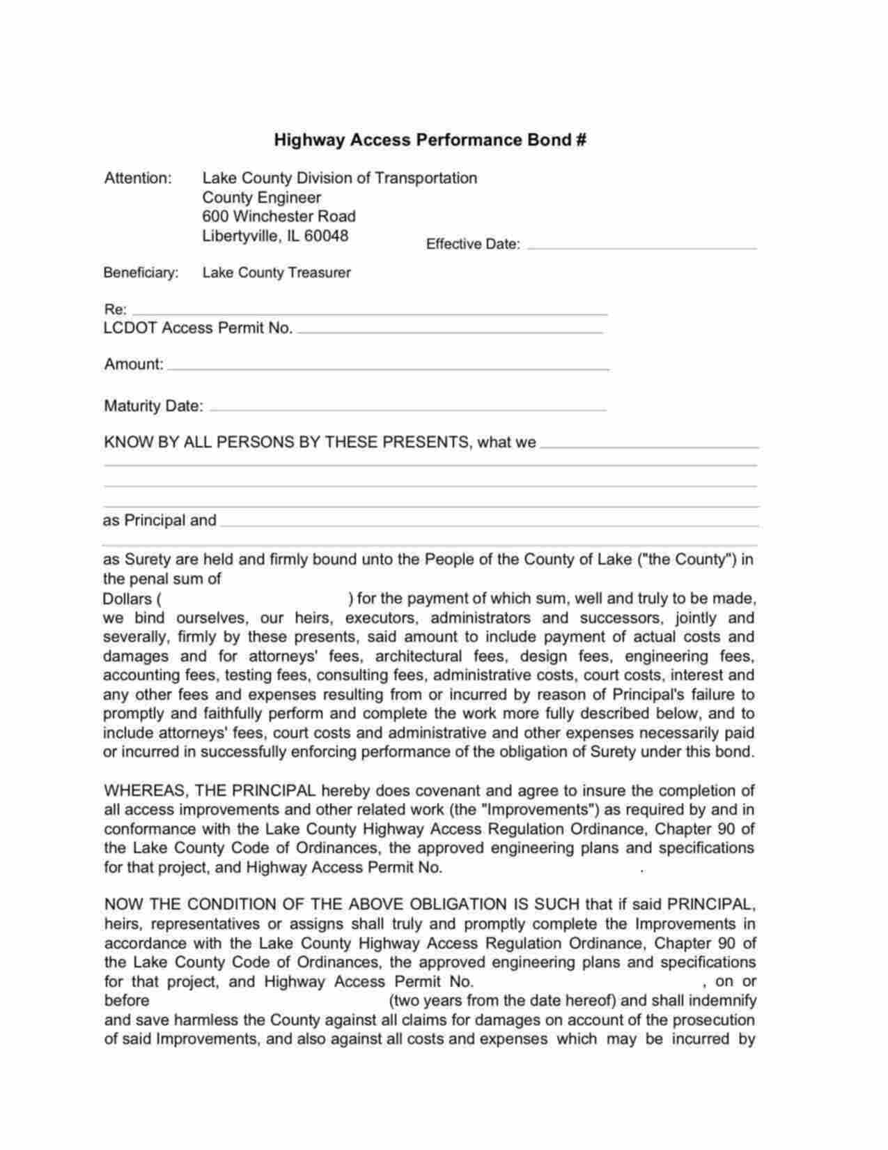 Illinois DOT Highway Access Performance Bond Form