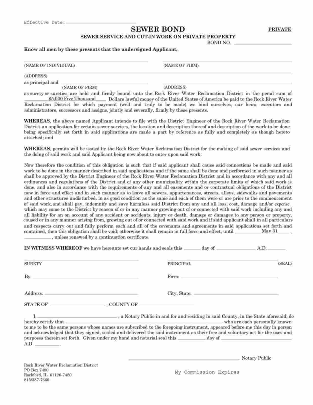Illinois Sewer Service and Cut-in Work on Private Property Bond Form