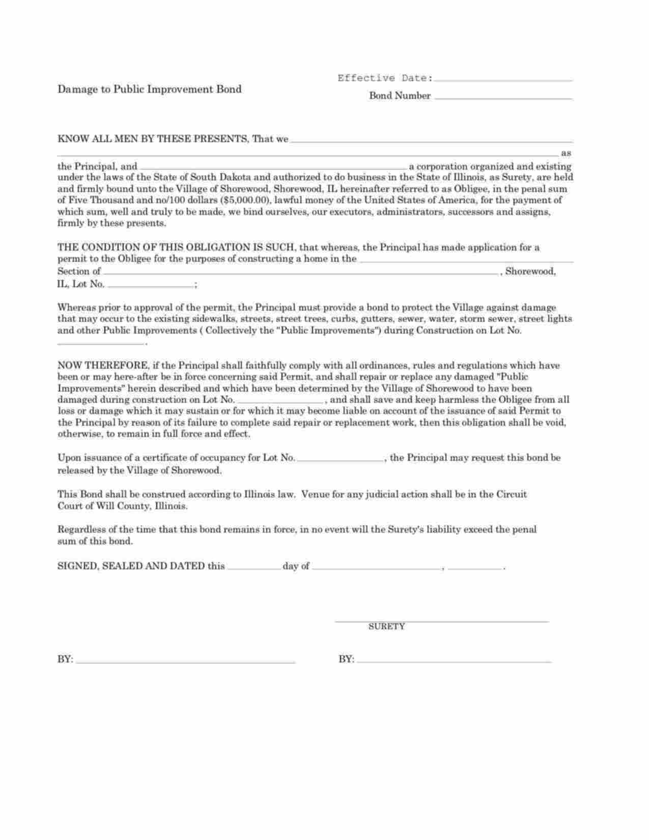 Illinois Damage to Public Improvement Bond Form