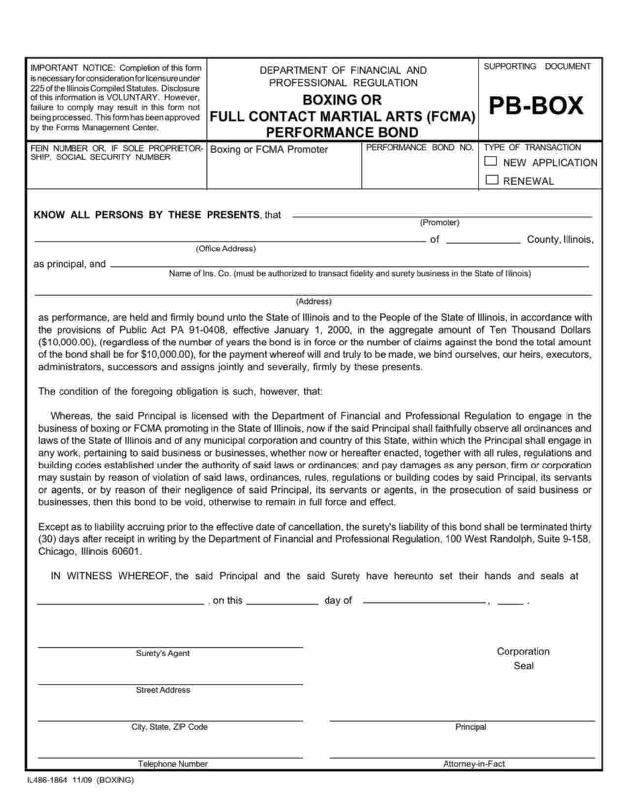 Illinois Boxing or Full Contact Martial Arts (FCMA) Performance Bond Form