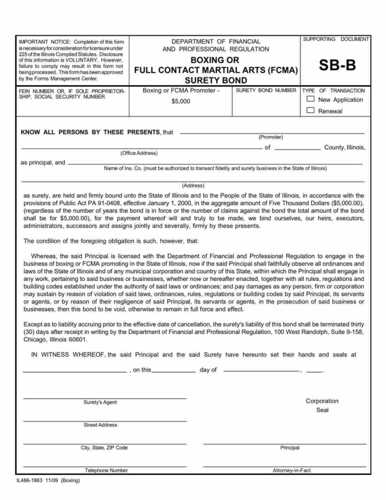 Illinois Boxing or Full Contact Martial Arts (MFCA) Bond Form