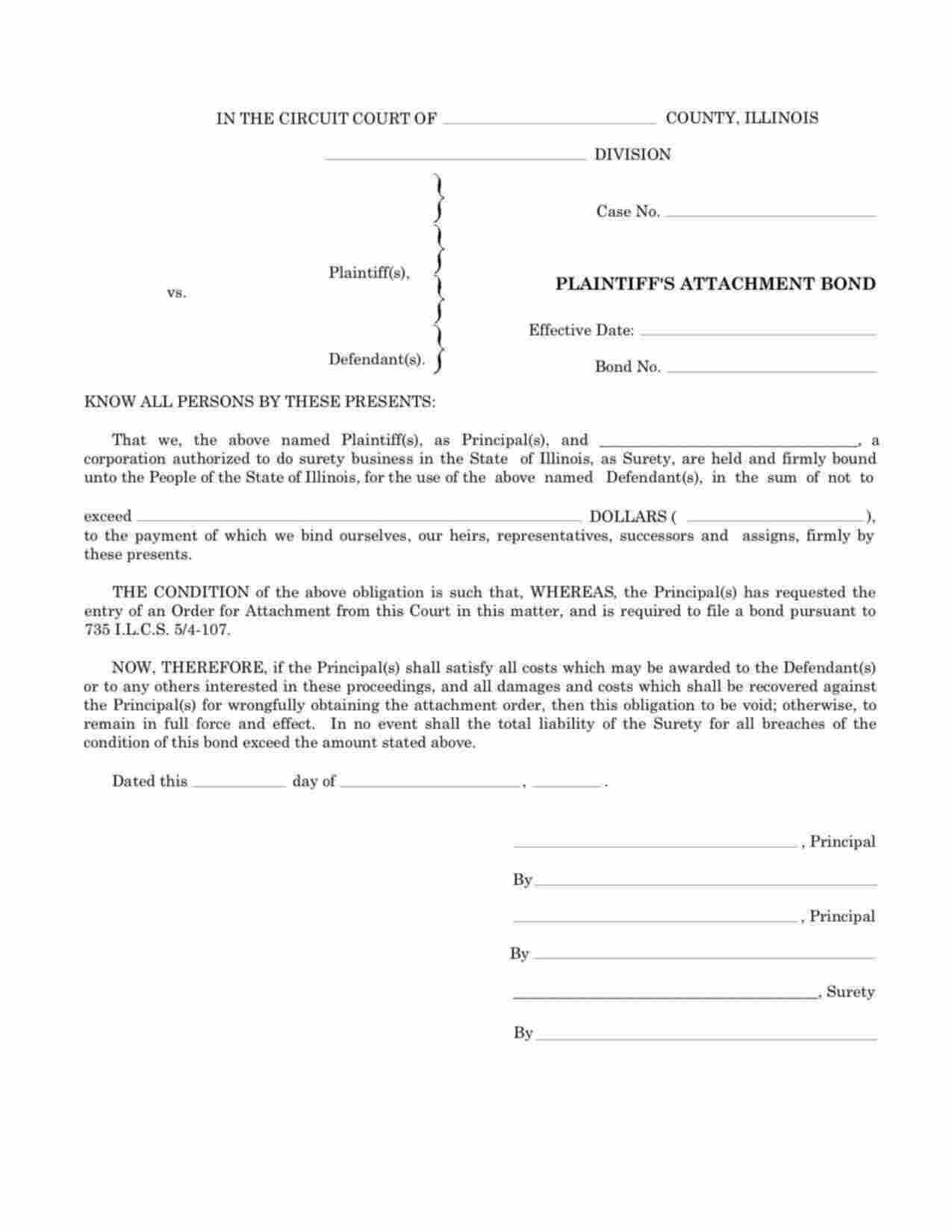 Illinois Plaintiffs Attachment Bond Form