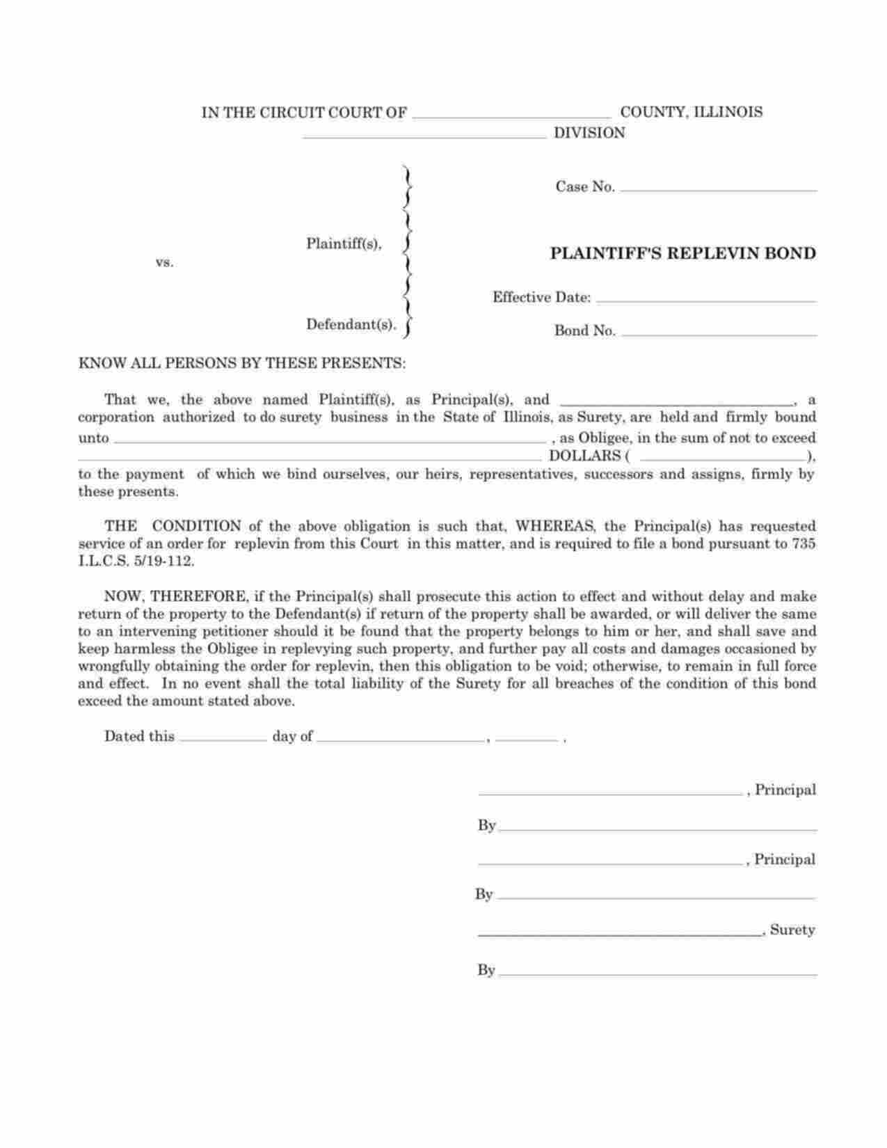 Illinois Plaintiffs Replevin Bond Form