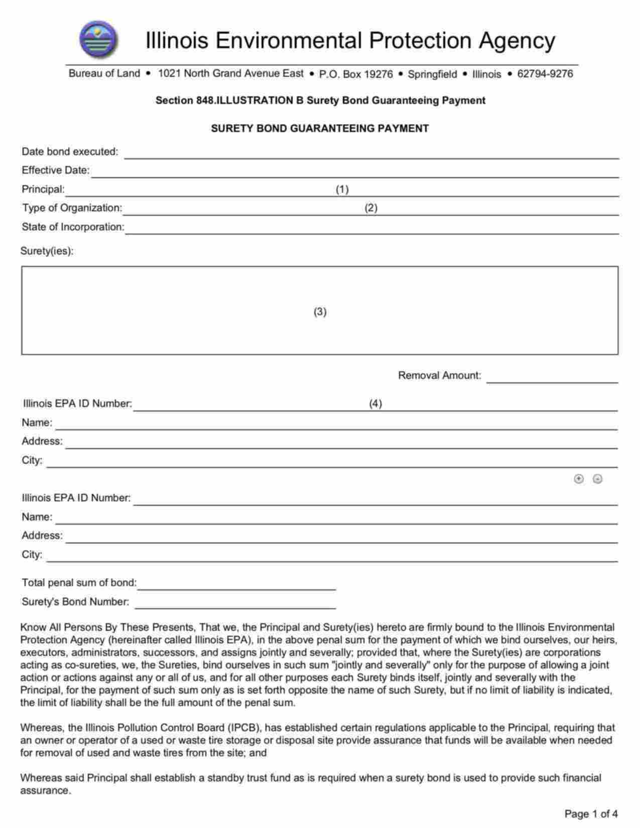 Illinois Waste Tire Storage or Disposal Site (Bond Guaranteeing Payment) Bond Form