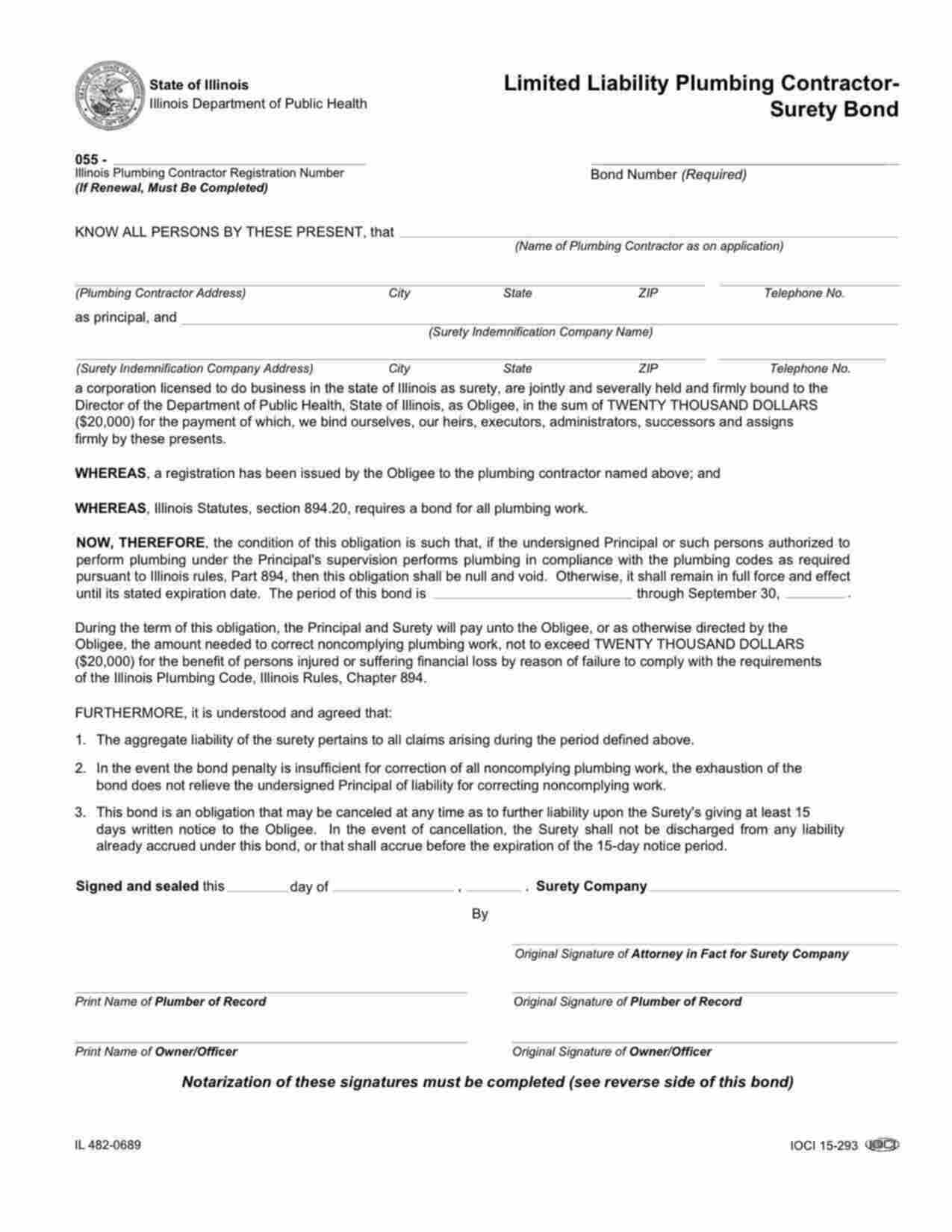 Illinois Plumbing Contractor - Limited Liability Bond Form