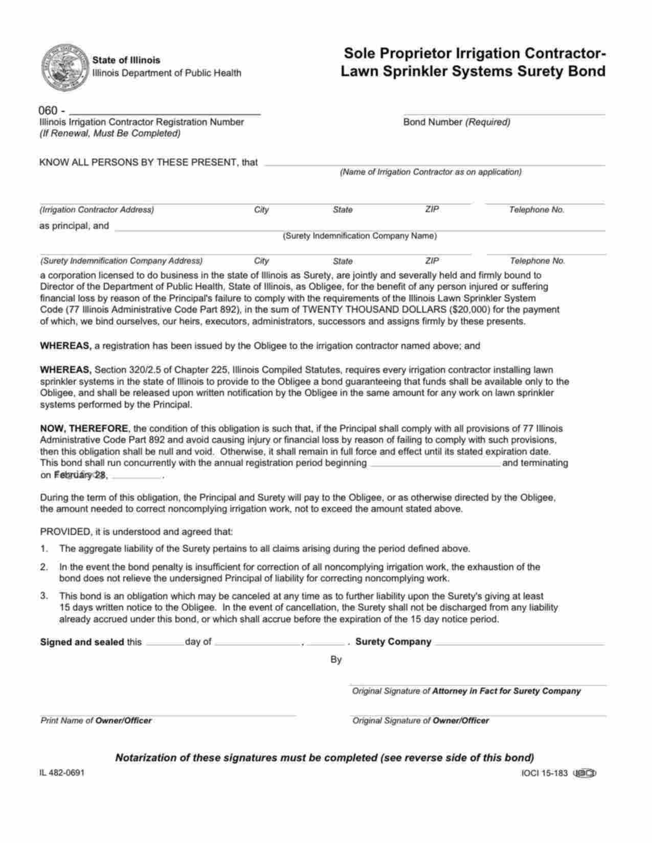 Illinois Irrigation Contractor - Sole Proprietor Bond Form