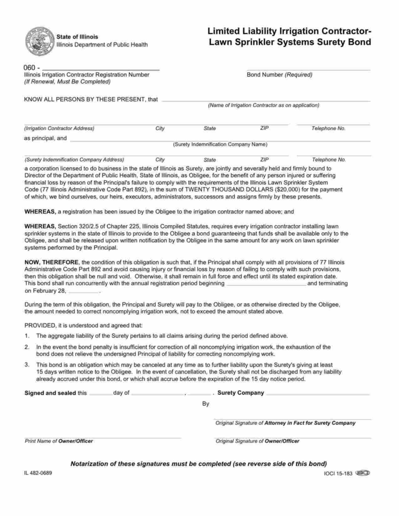 Illinois Irrigation Contractor - Limited Liability Bond Form