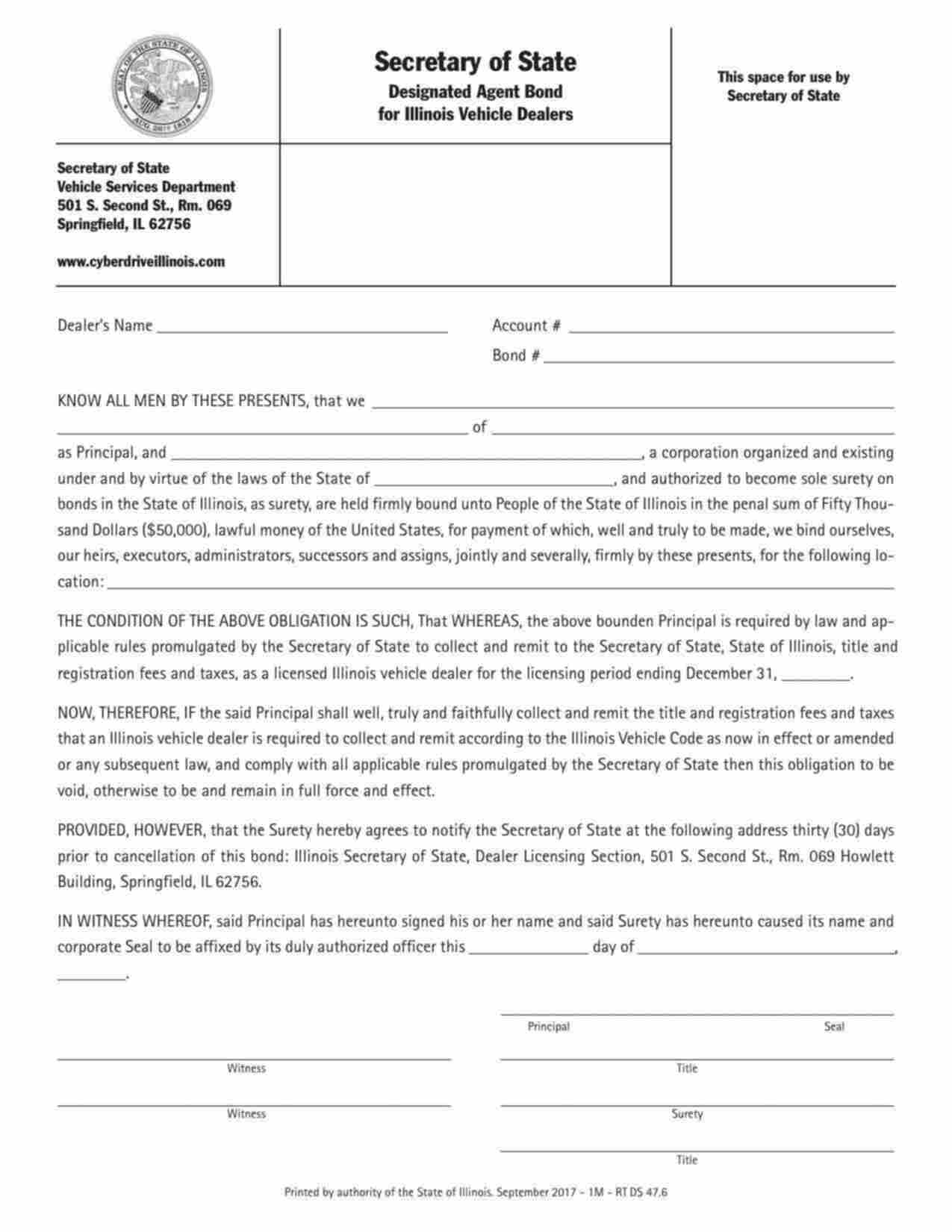 Illinois Designated Agent / Motor Vehicle Dealer Bond Form