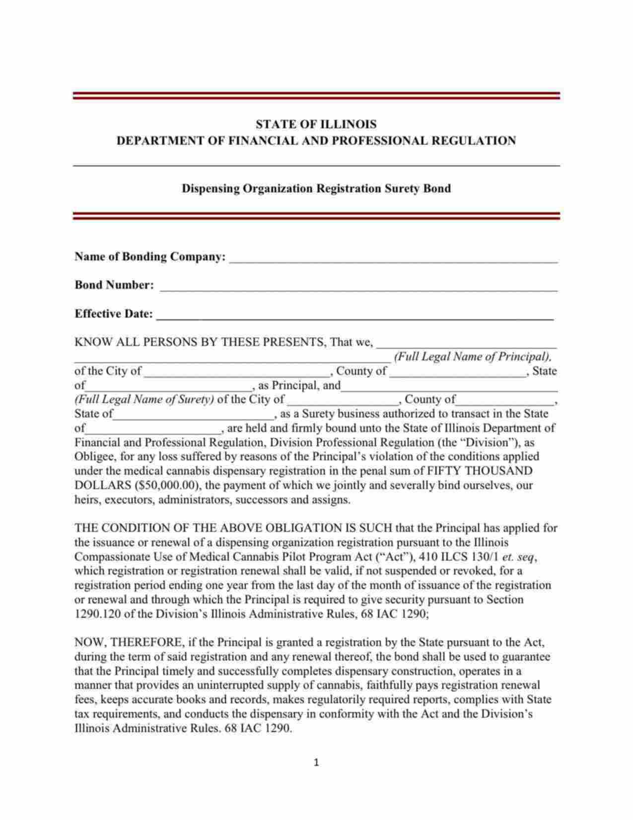 Illinois Medical Cannabis Dispensing Organization Registration Bond Form