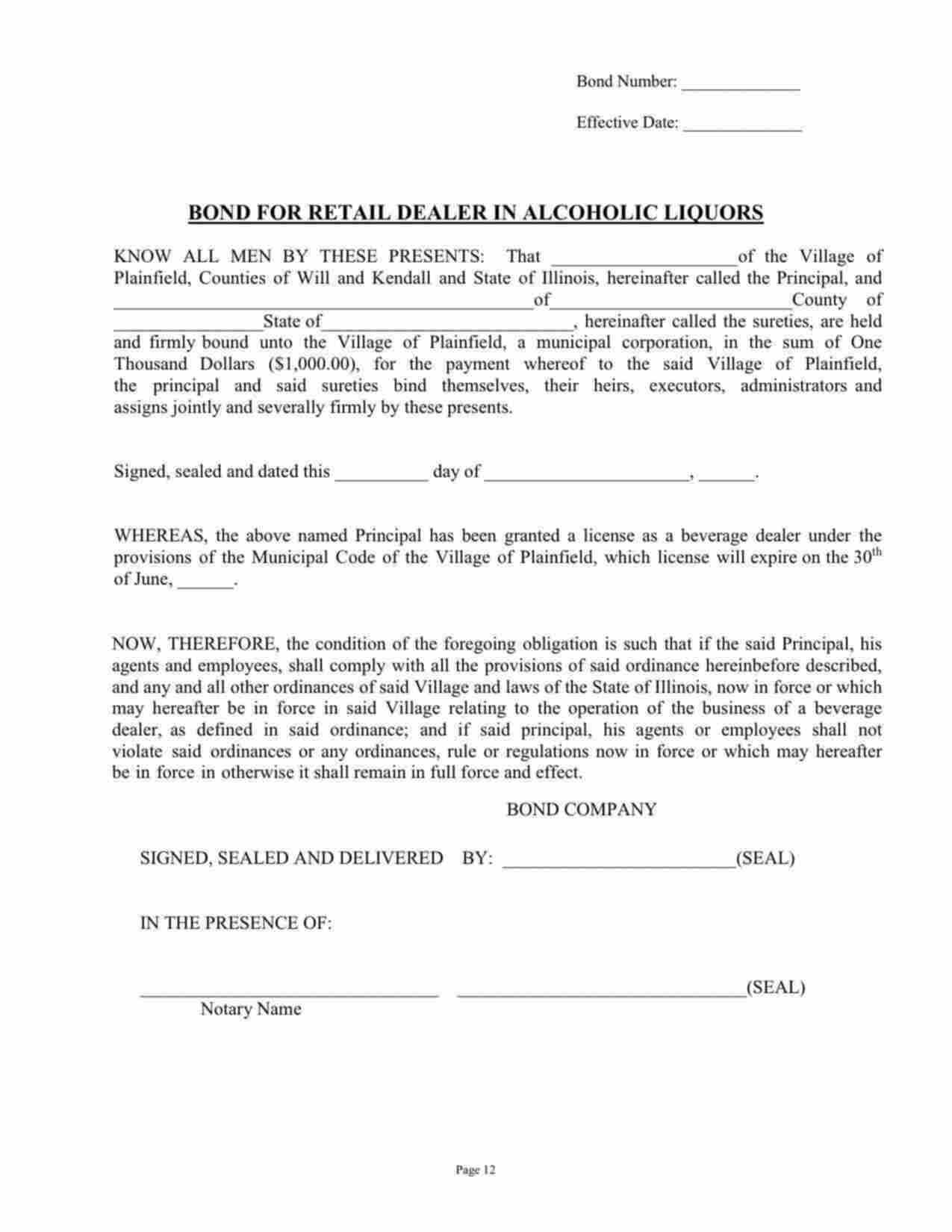 Illinois Liquor License Bond Form