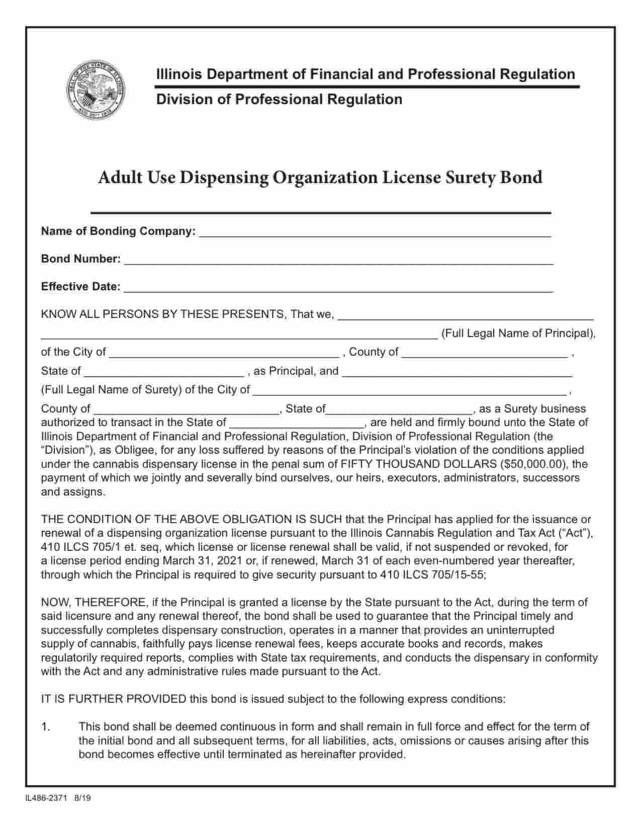 Illinois Cannabis Adult Use Dispensing Organization License Bond Form