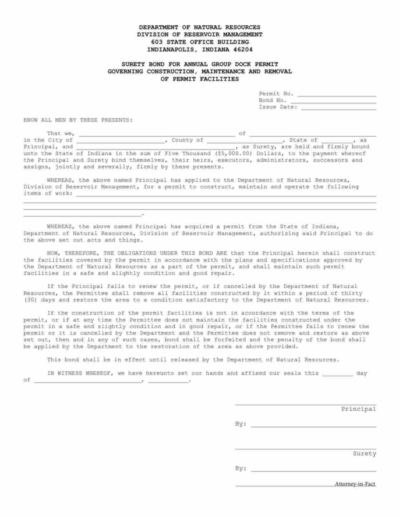 Indiana Annual Group Dock Permit Bond Form