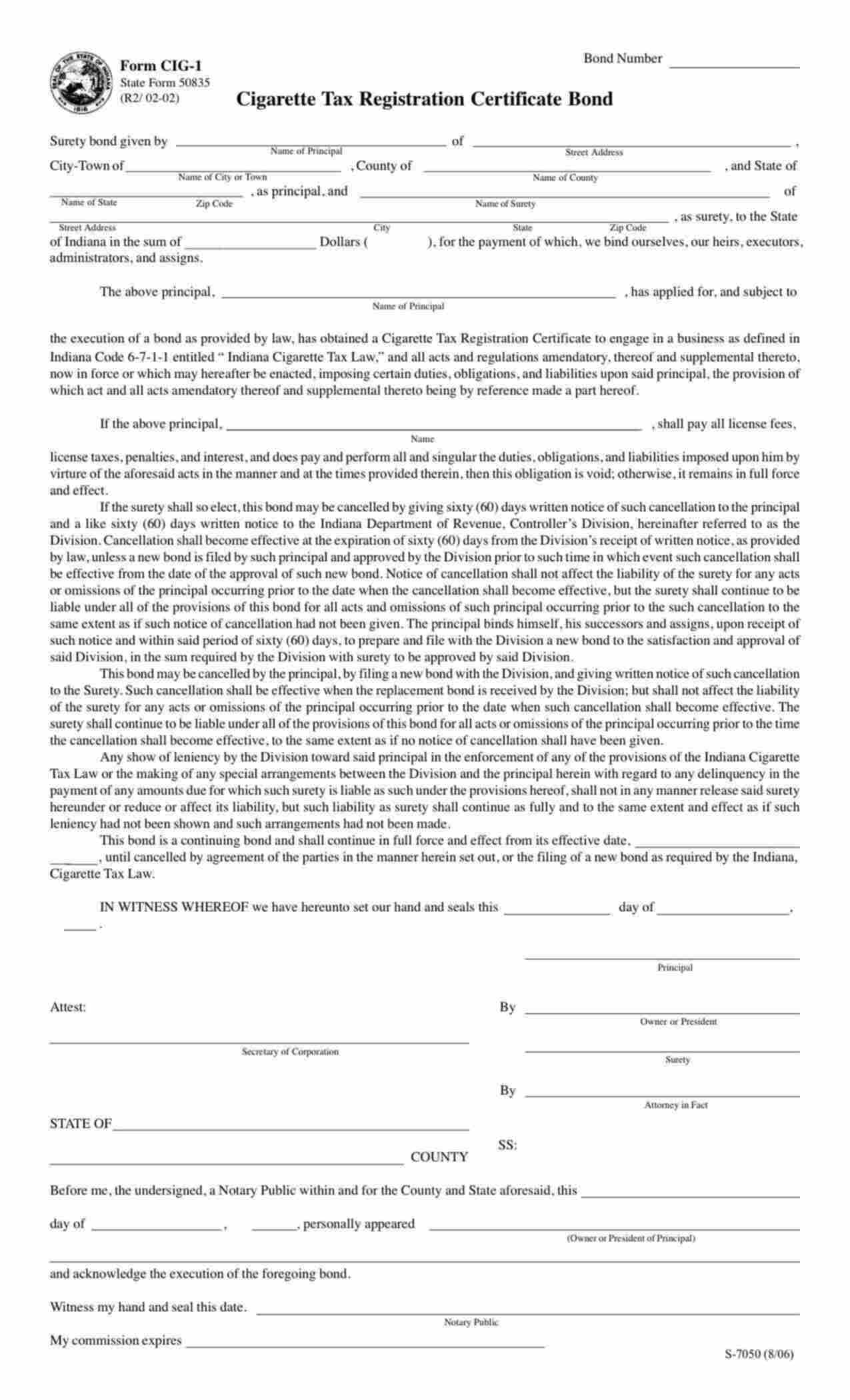 Indiana Cigarette Tax Registration Bond Form