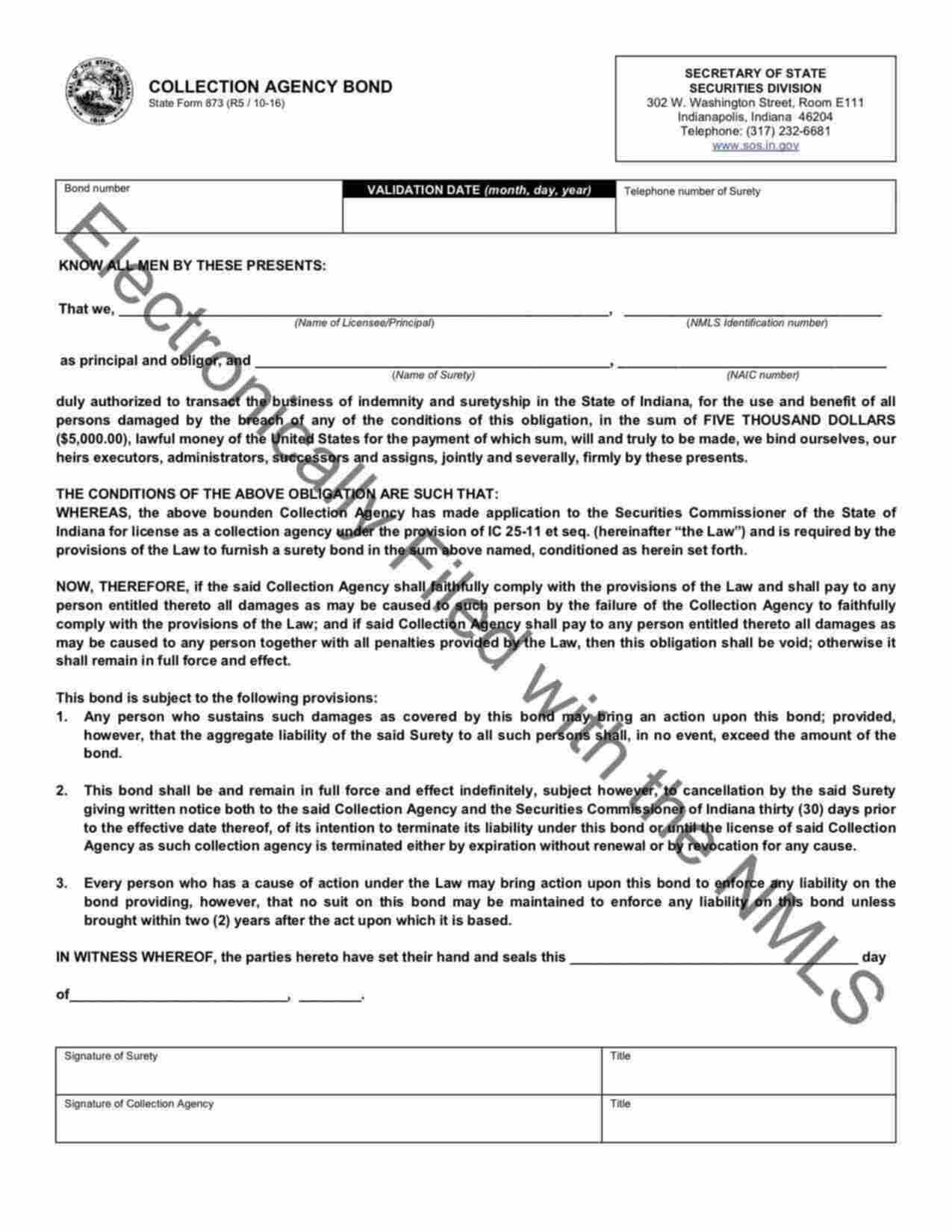 Indiana Collection Agency Bond Form