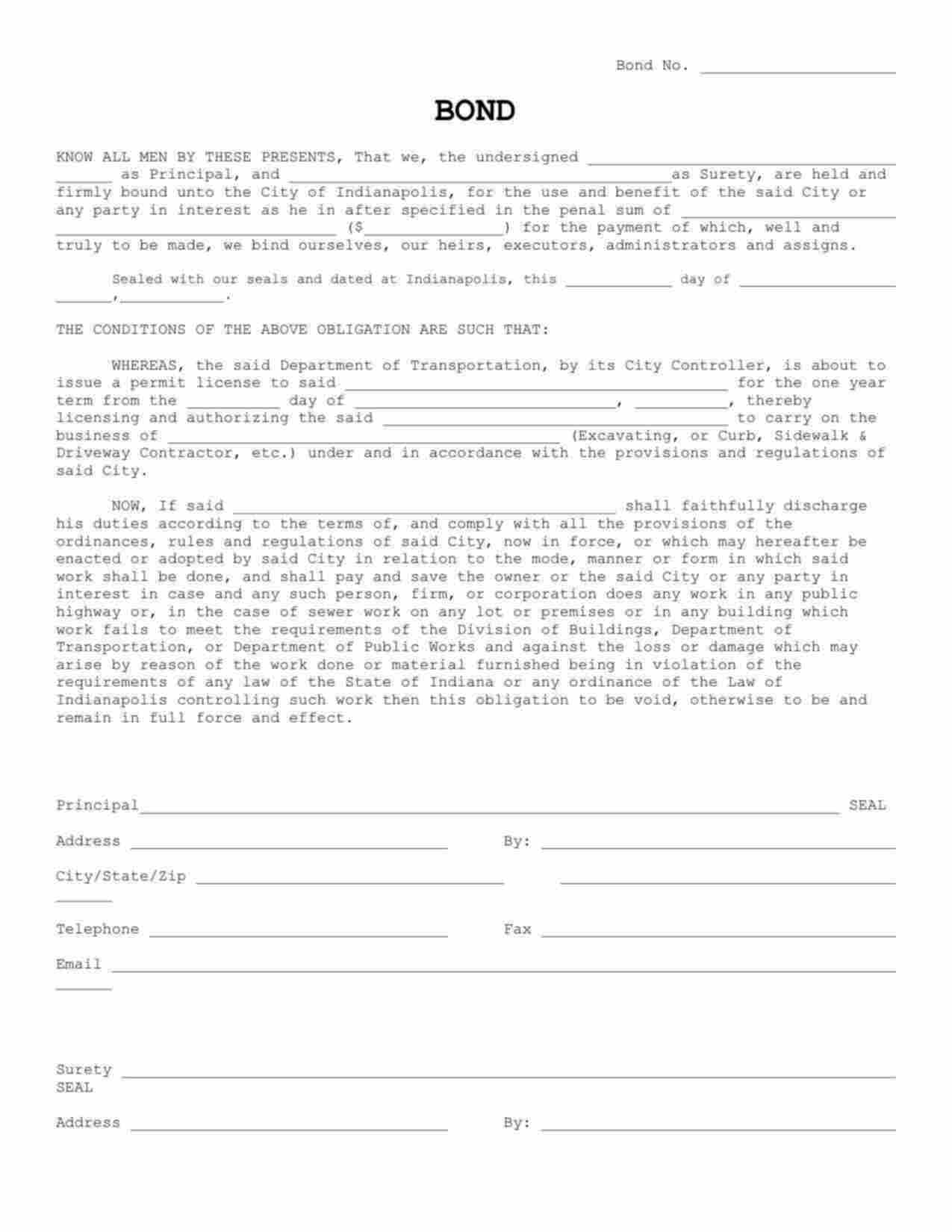 Indiana Excavating Bond Form