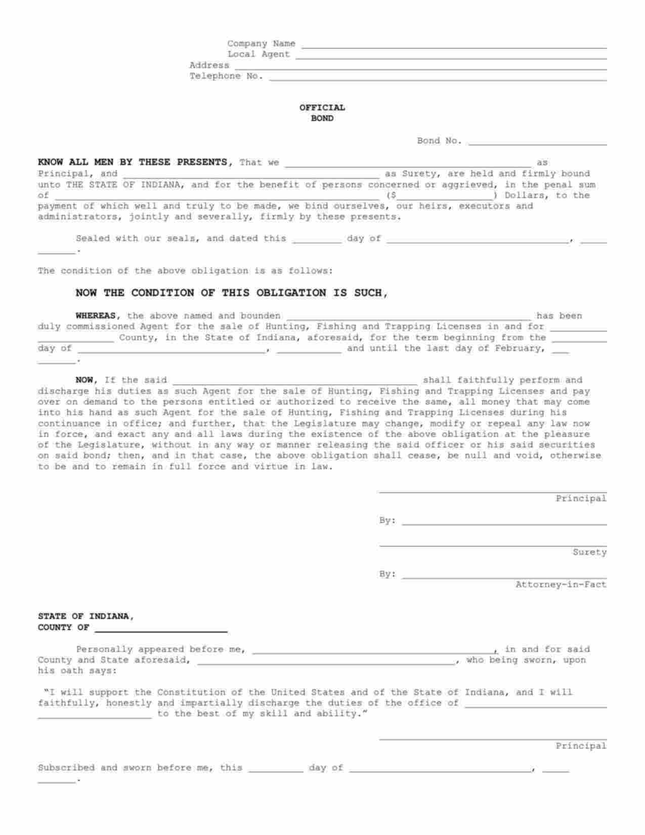 Indiana Hunting, Fishing and Trapping License Agent Bond Form