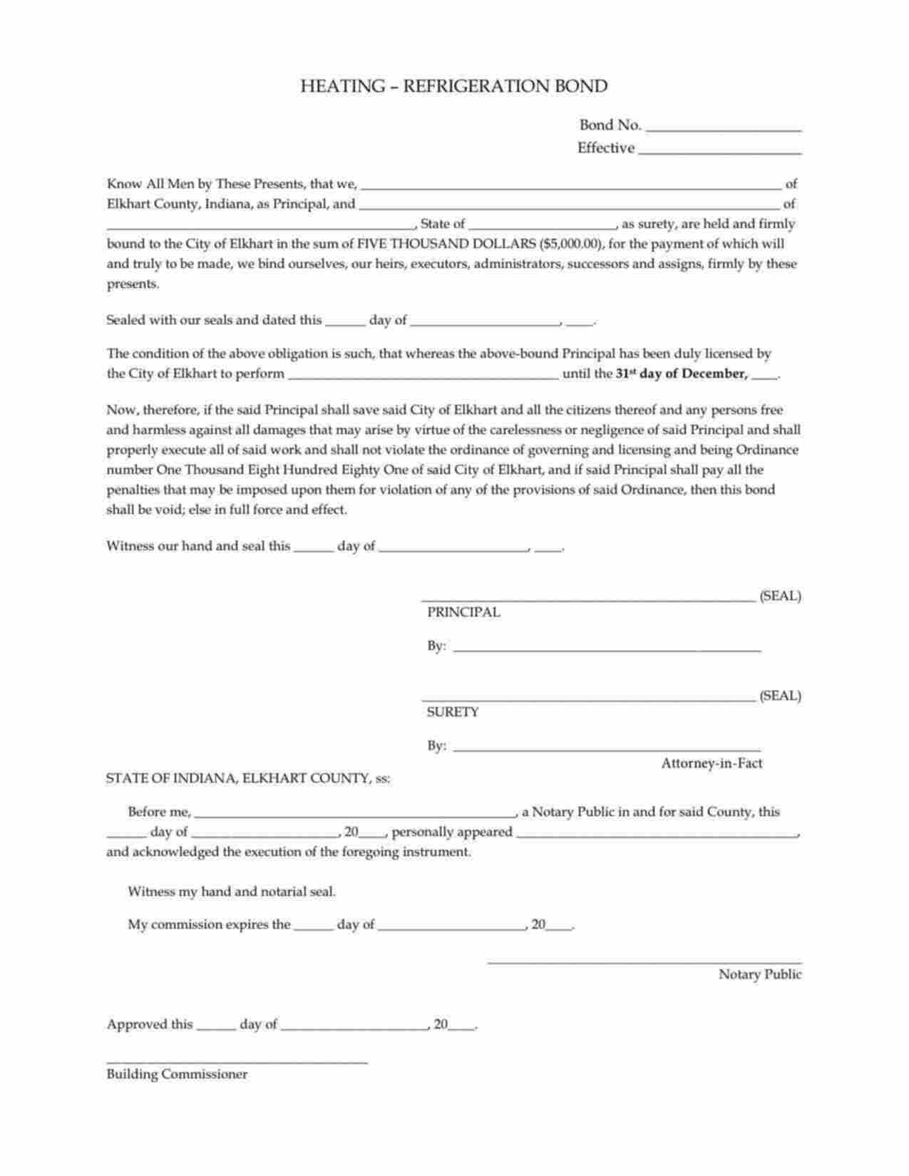 Indiana Heating/Refrigeration Contractors Bond Form