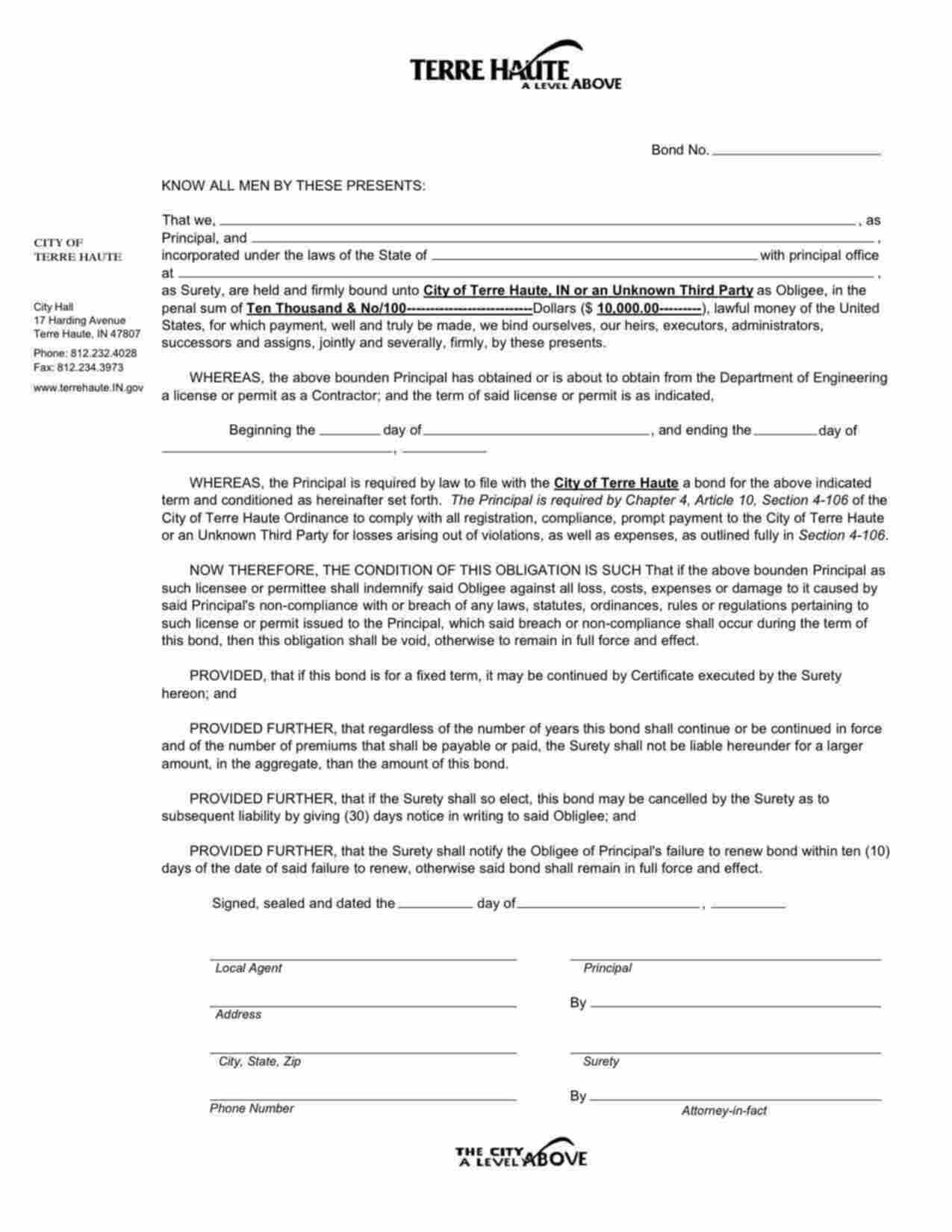 Indiana Contractor's License/Permit Bond Form