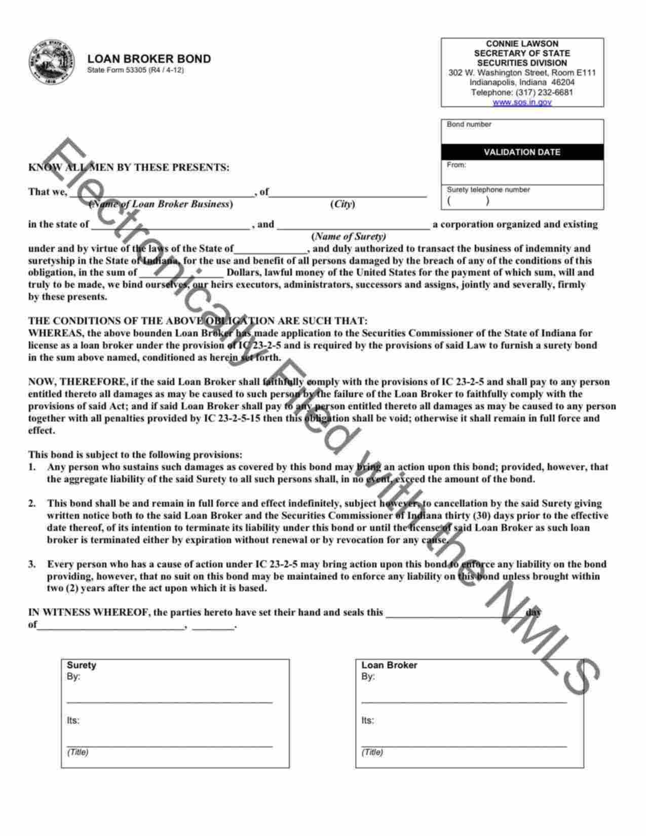 Indiana Loan Broker Bond Form