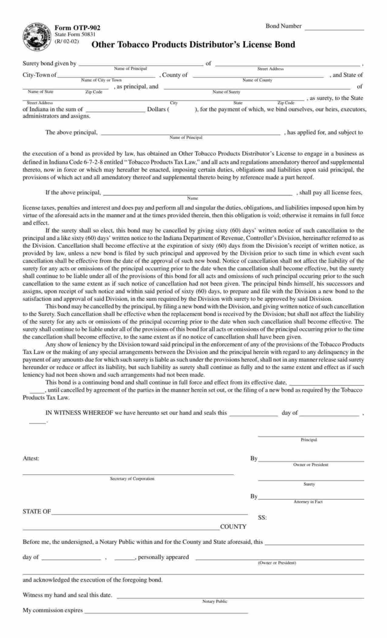 Indiana Other Tobacco Products Distributor's License Bond Form