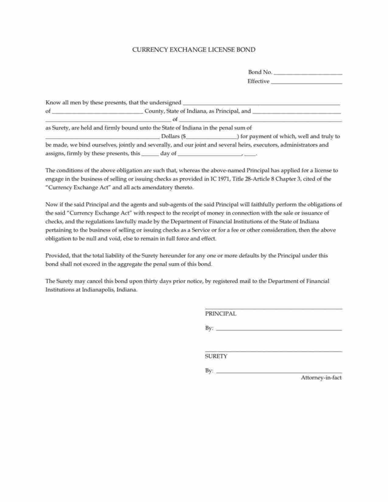 Indiana Currency Exchange License Bond Form