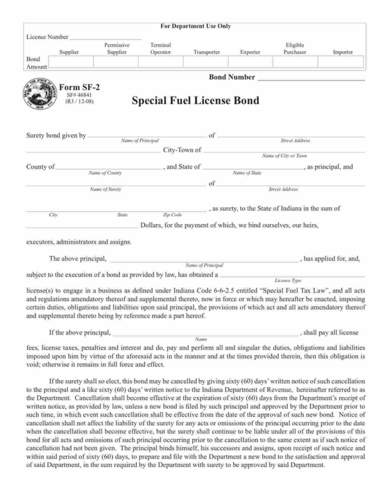 Indiana Special Fuel License - Supplier Bond Form