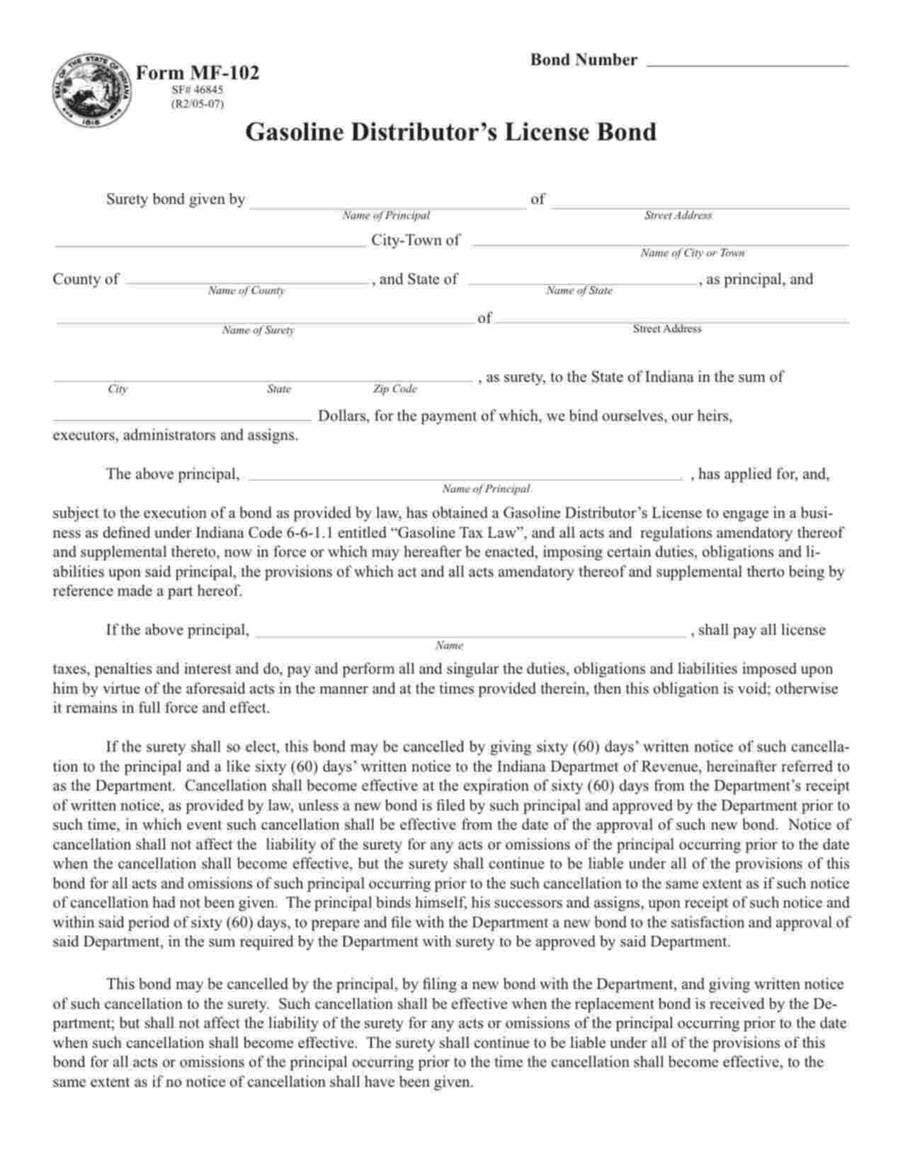 Indiana Gasoline Distributor's License Bond Form