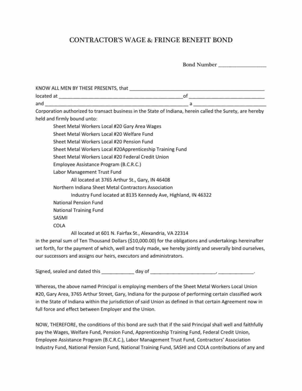 Indiana Wage and Welfare Bond Form