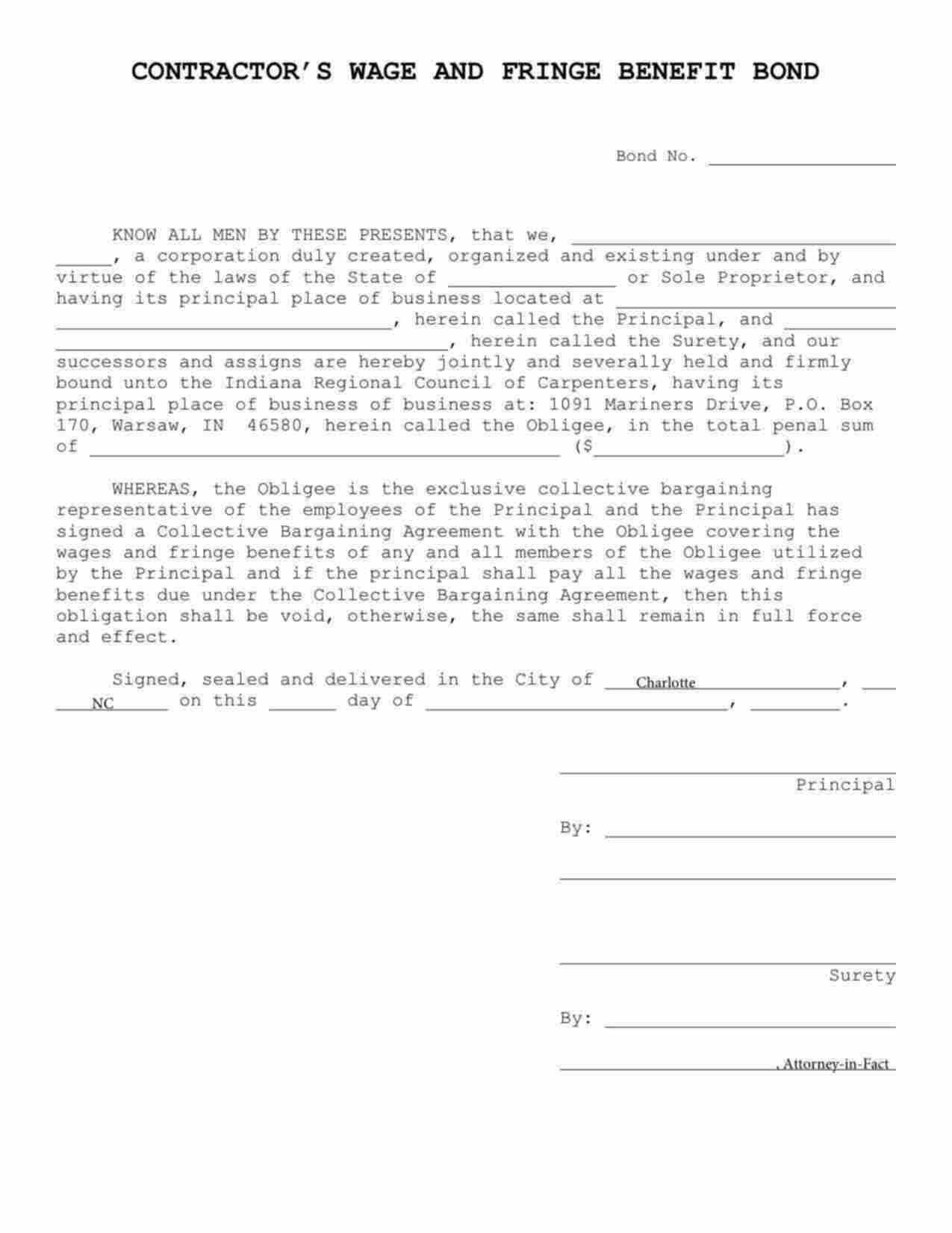 Indiana Wage and Welfare Bond Form