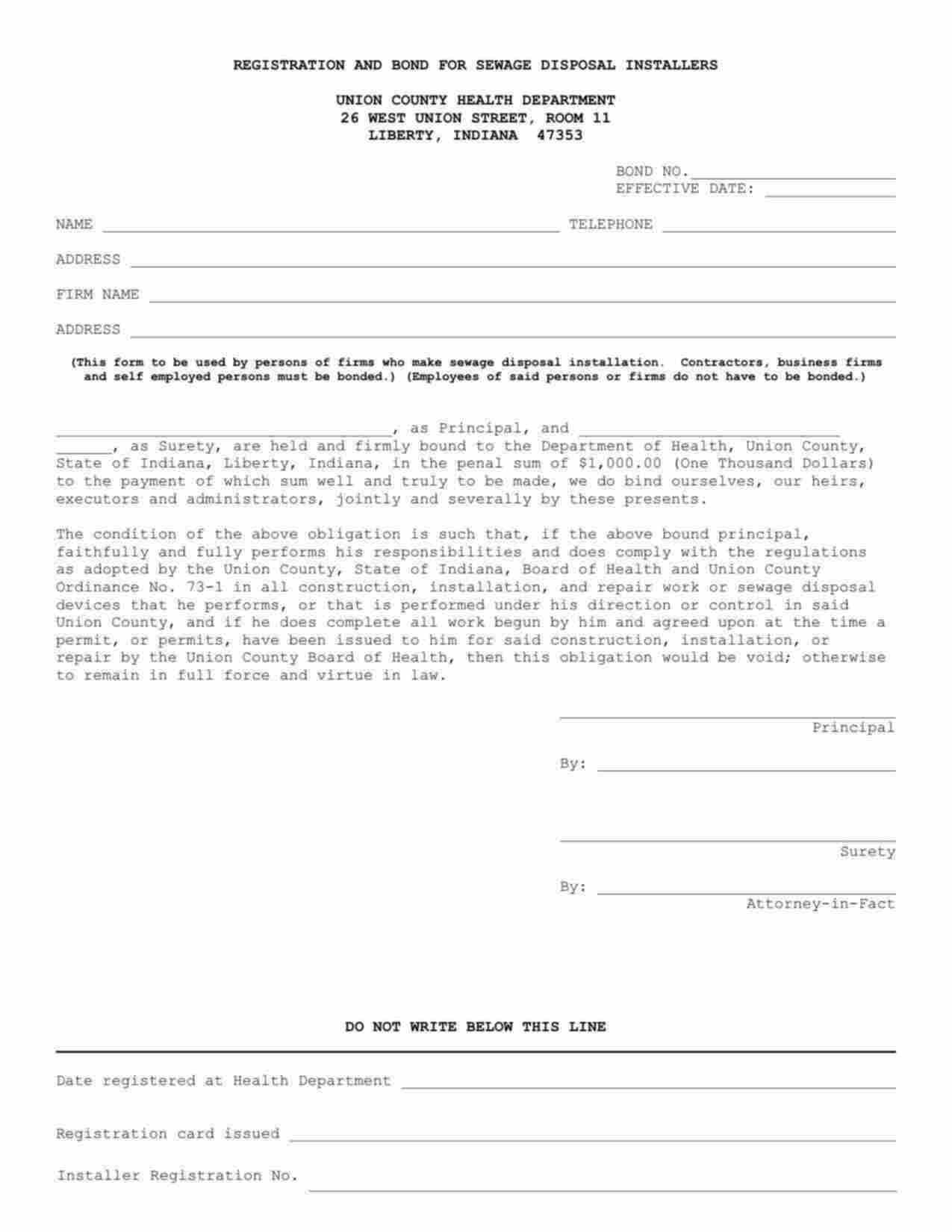 Indiana Sewage Disposal Installers Bond Form