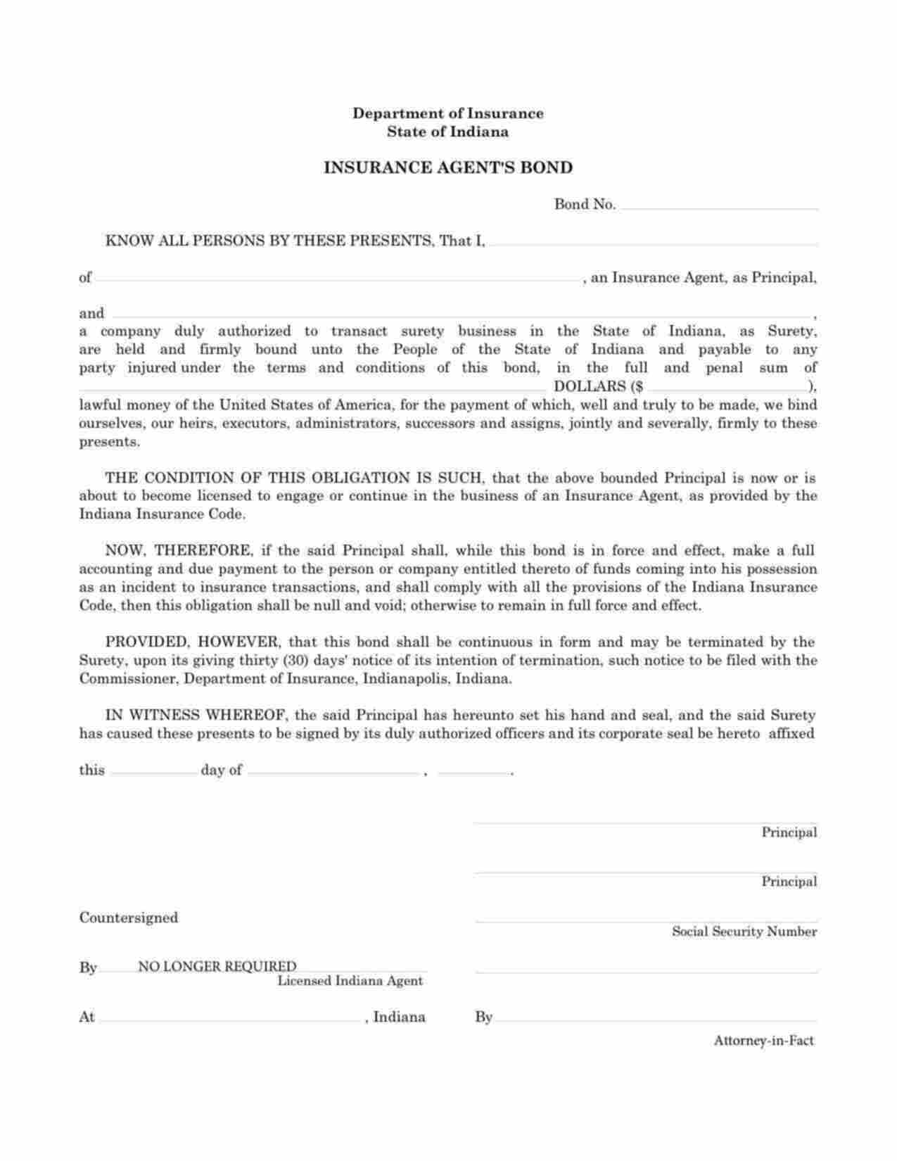 Indiana Insurance Agent Bond Form