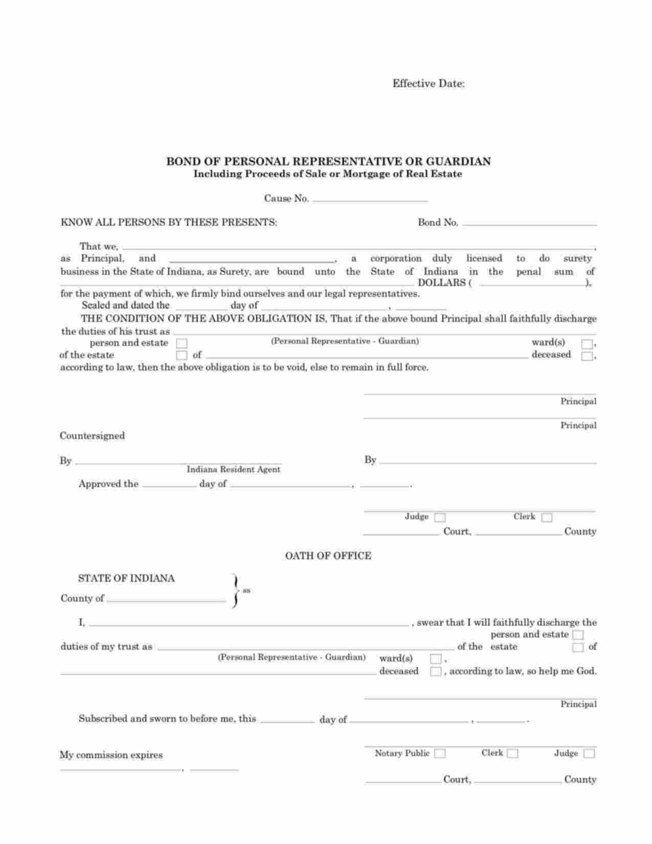 Indiana Personal Representative Bond Form