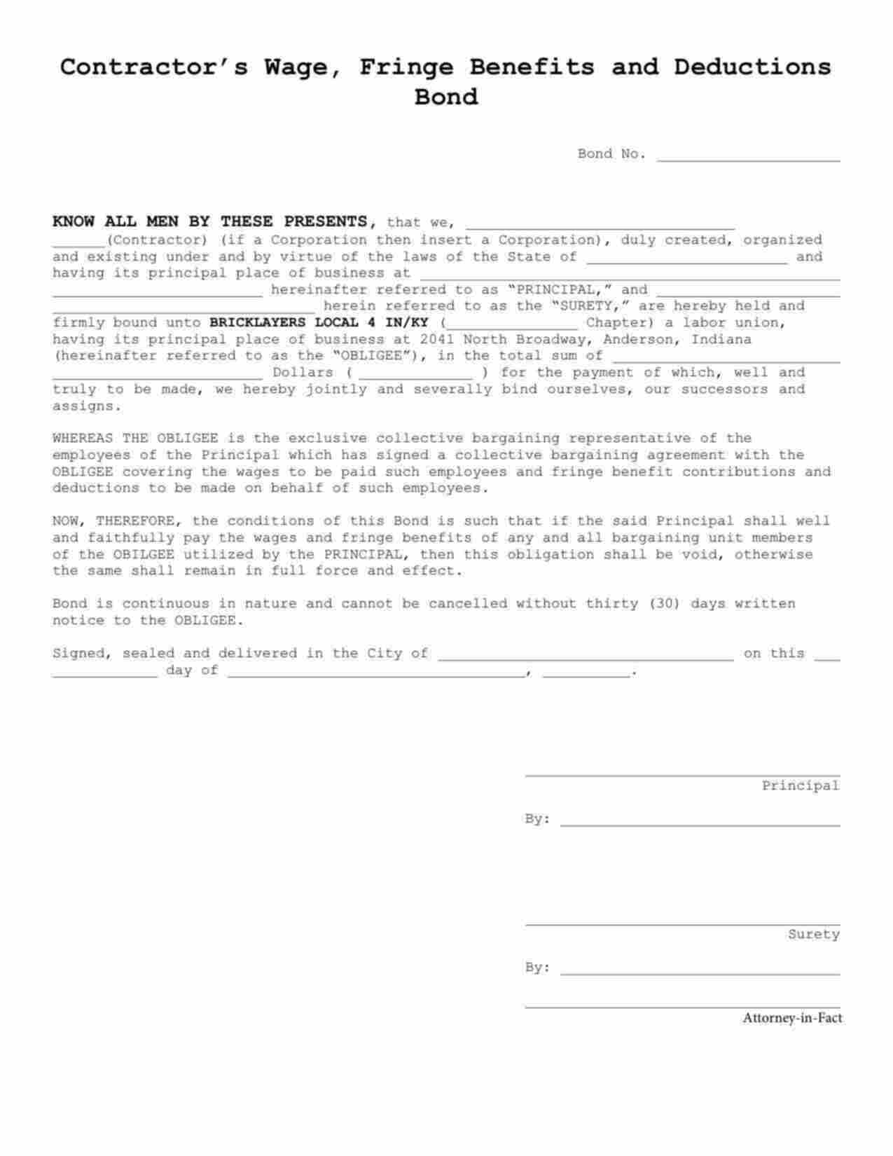 Kentucky Wage and Welfare Bond Form