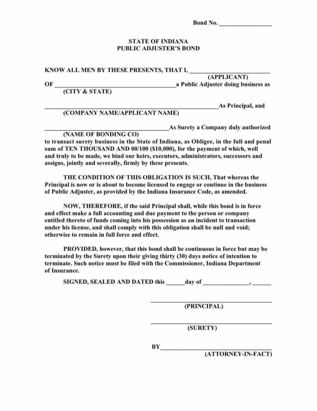 Indiana Public Adjuster Bond Form