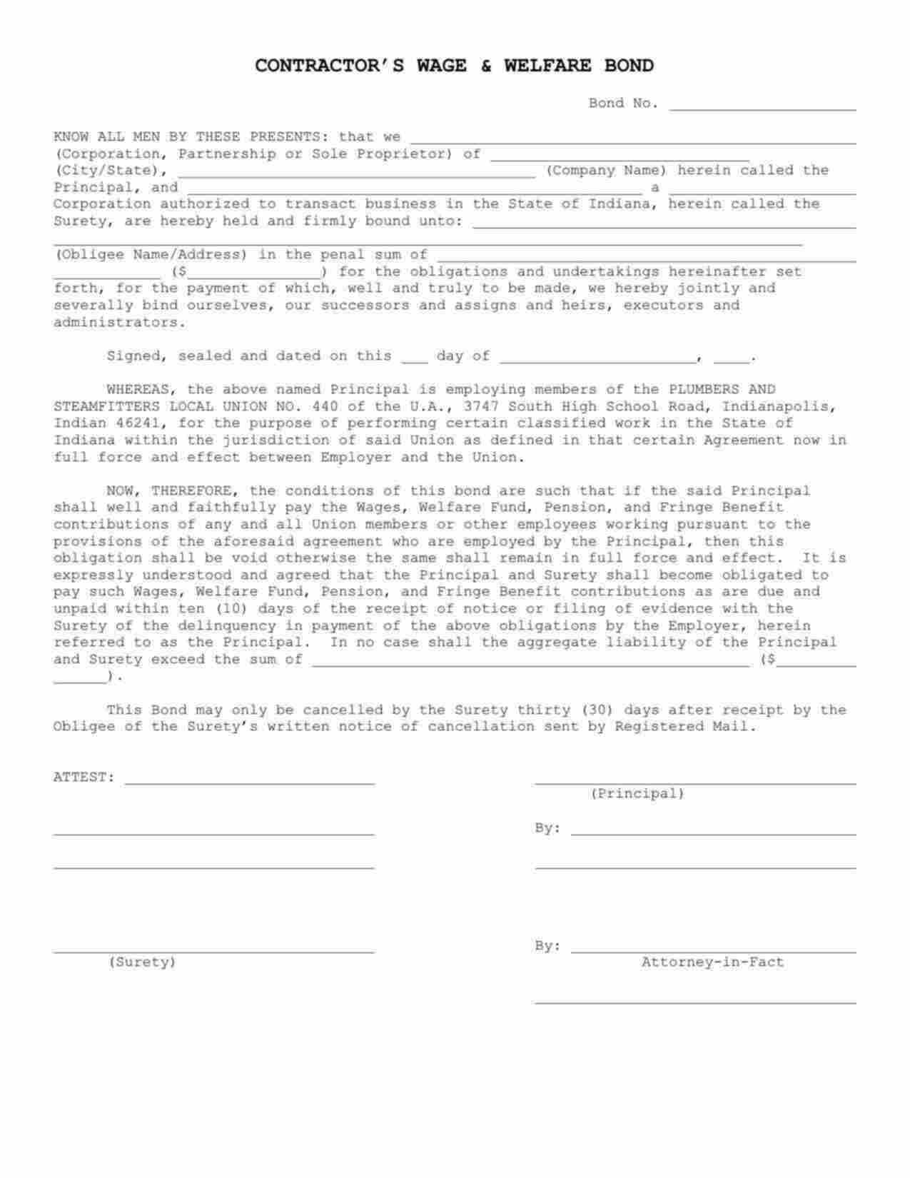 Indiana Wage and Welfare Bond Form