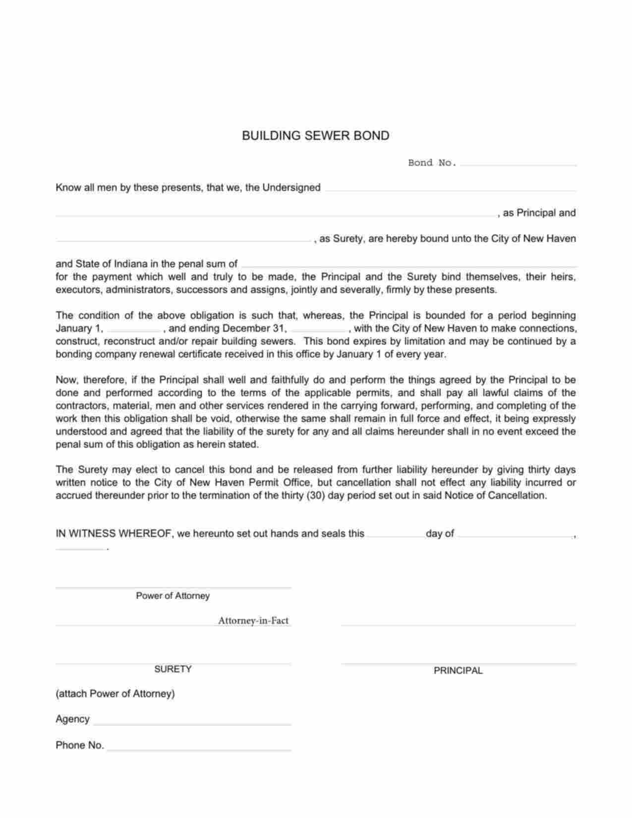 Indiana Building Sewer Bond Form