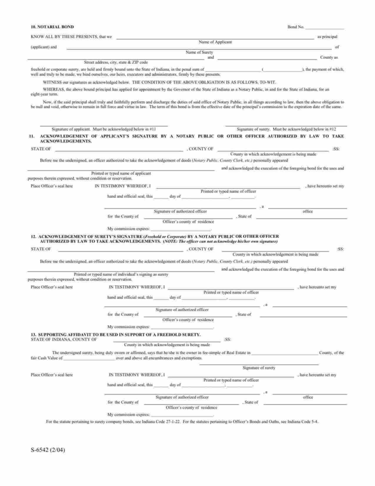 Indiana Notary Public Bond Form