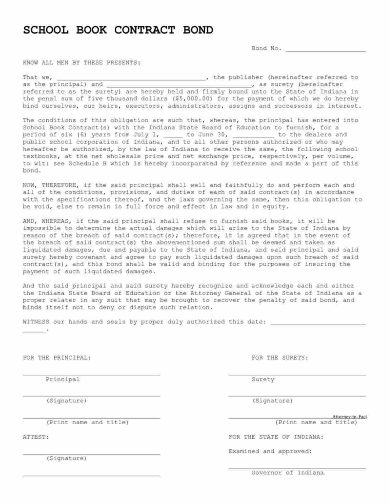 Indiana School Book Contract Bond Form