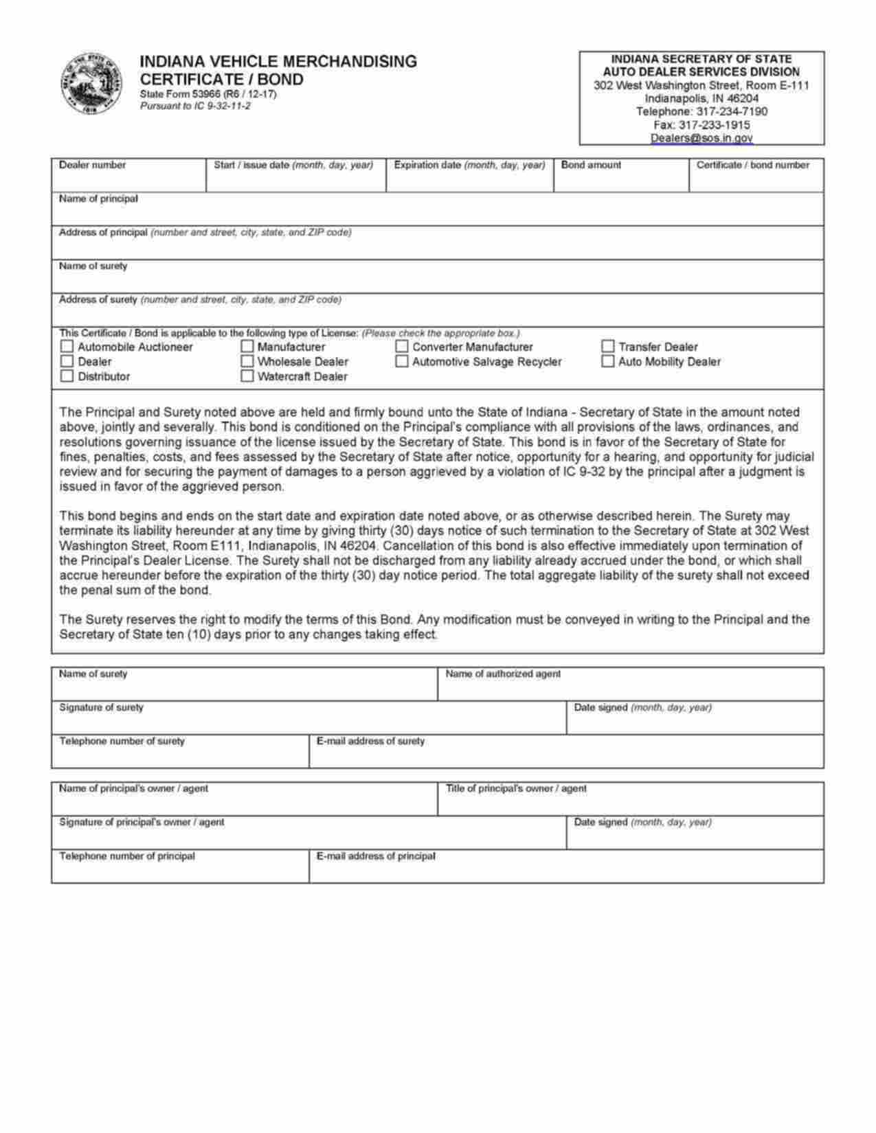 Indiana Vehicle Merchandising: Automobile Auctioneer Bond Form