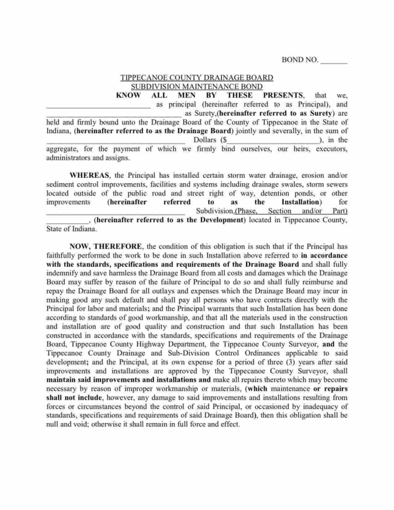 Indiana Subdivision Maintenance (Drainage Board) Bond Form