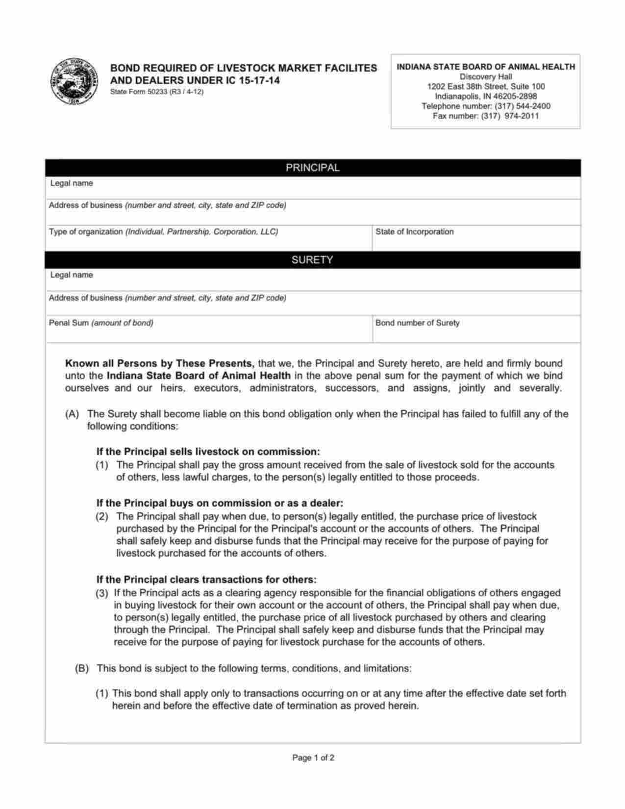 Indiana Livestock Market Facilities and Dealers Bond Form